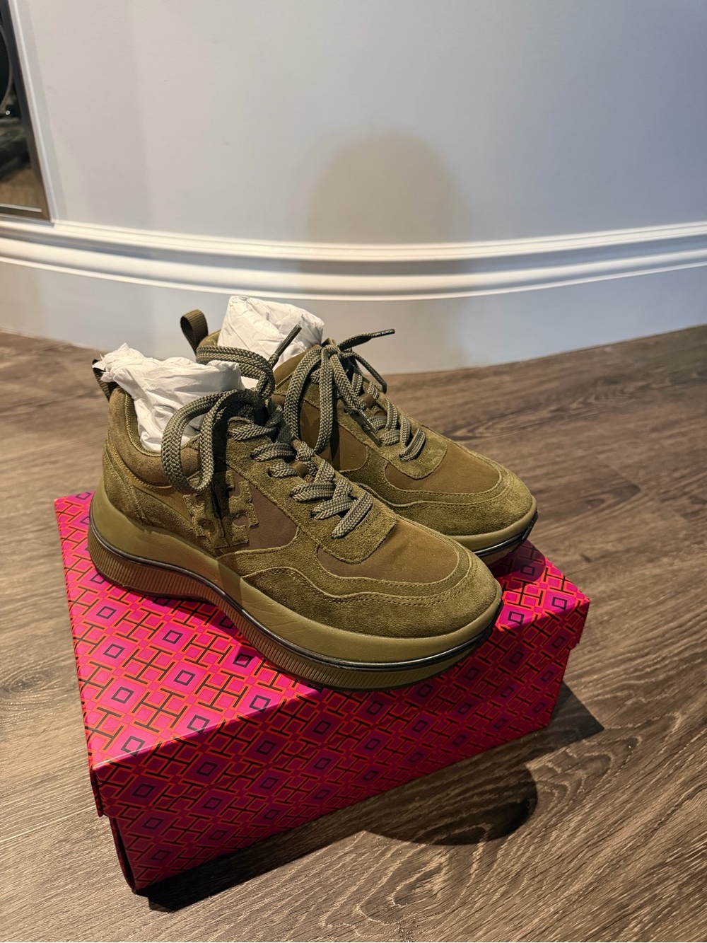 Tory Burch Olive Green Suede & Textile Platform Sneakers